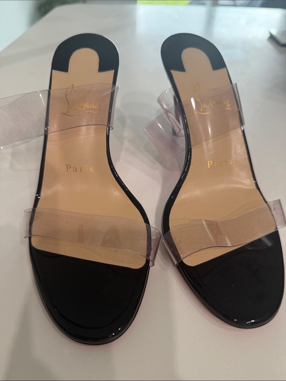 Christian Louboutin Black Patent Slides with Clear Straps